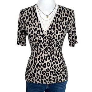 Ann Taylor Factory Faux Wrap Leopard Animal Print Belted Top Tan Black Brown XS